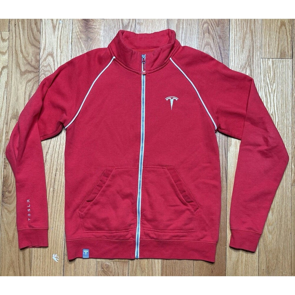 Tesla California Fleece Long Sleeve Jacket Size M Full Zip Men’s Red Automobiles